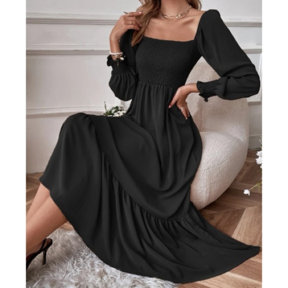Boho Puff Sleeve Ruffle Maxi Dress Black